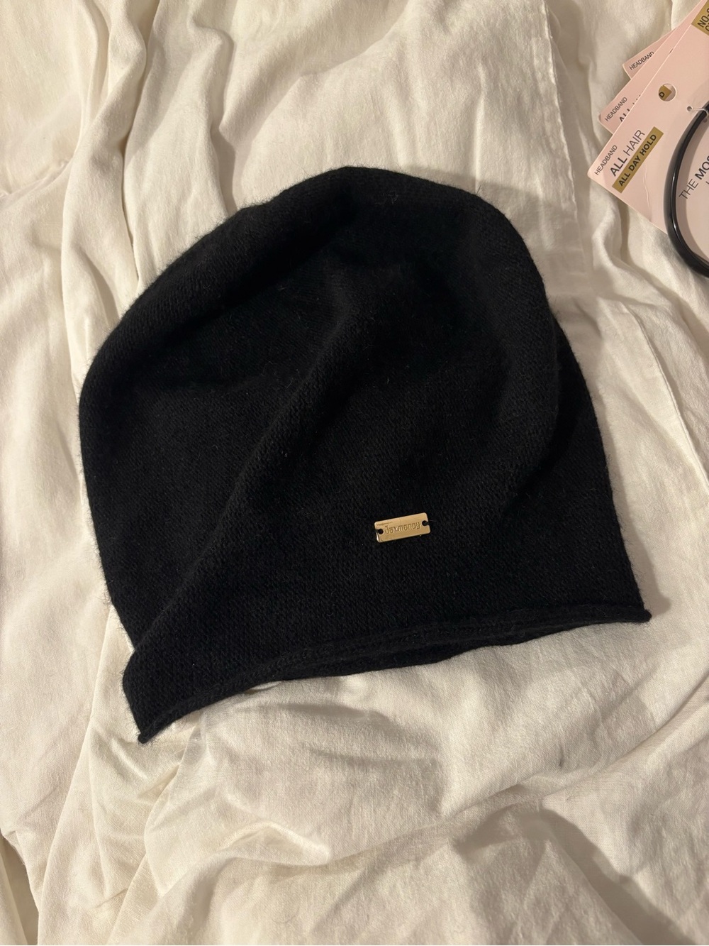 Black Knit Beanie with Gold Logo Plaque